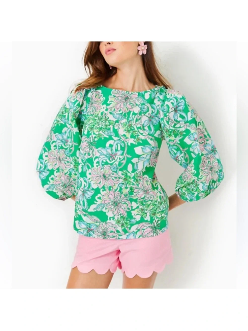 Lilly Pulitzer Green Pink Floral 100% Cotton Puff Sleeve Blouse Women’s 10